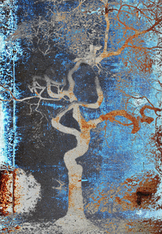 2000 year old TOKYO TREE in Grunge blue and brown Painting by Robert R Splashy Art Abstract Paintings