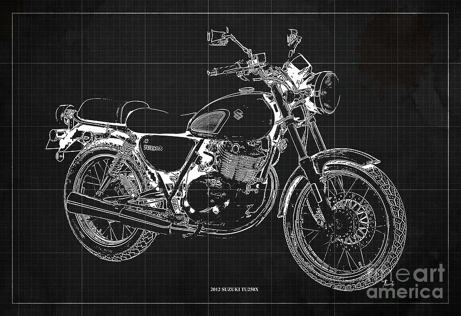 2012 Suzuki TU250X Blueprint, Vintage Dark Grey Background Digital Art ...