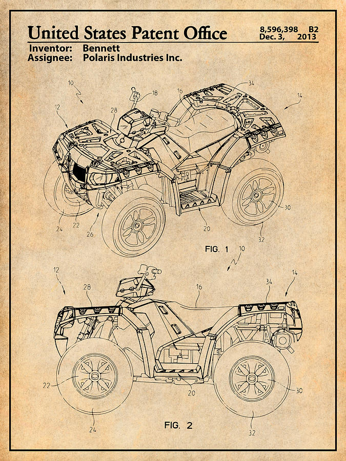 2013 Polaris ATV Patent Print Antique Paper Drawing by Greg Edwards