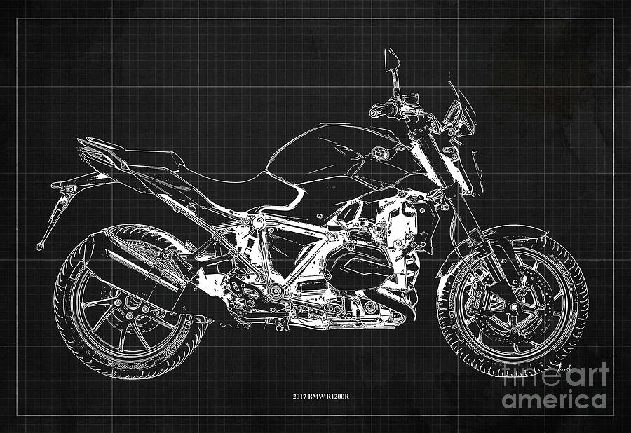 2017 BMW R1200R Blueprint, Vintage Dark Grey Background Digital Art by ...