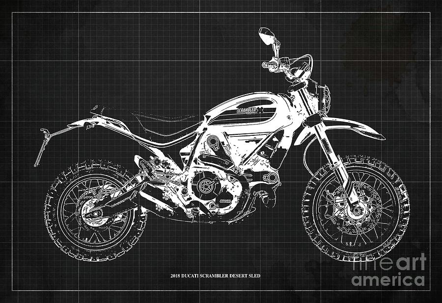 2018 Ducati Scrambler Desert Sled Blueprint, Vintage Dark Grey Background Digital Art