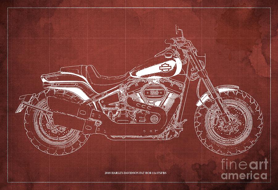 Office Digital Art - 2018 Harley-Davidson Fat Bob 114 FXFBS Motorcycle blueprint Red Background by Drawspots Illustrations