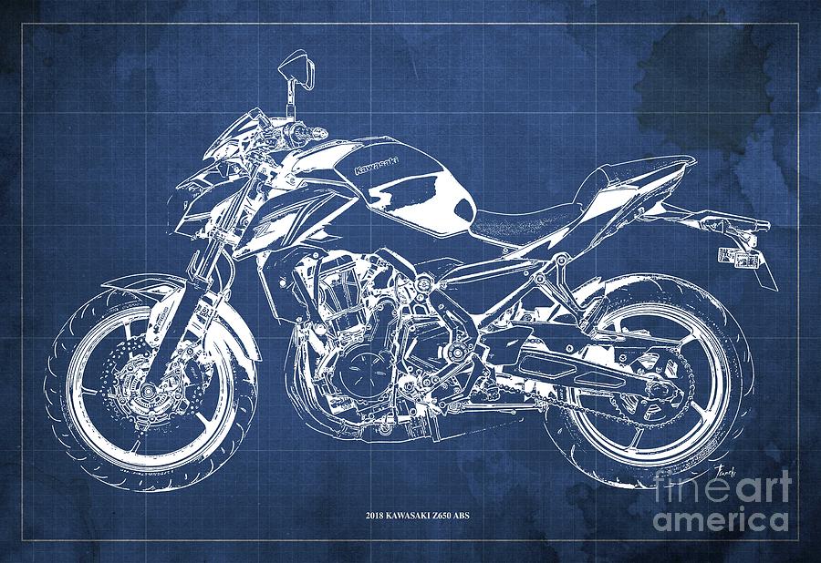 2018 Kawasaki Z650 ABS Blueprint Vintage Old Blue Background Original ...