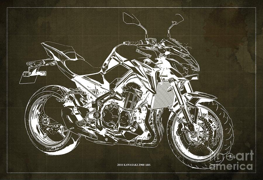 18 Kawasaki Z900 Abs Blueprint Old Vintage Brown Background Original Artwork Digital Art By Drawspots Illustrations