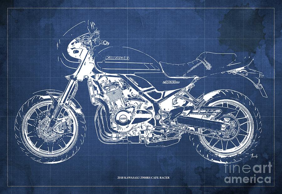 2018 Kawasaki Z900RS Cafe RACER Blueprint Old Classic Blue Background ...