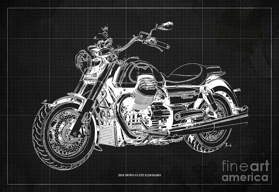 Vintage Drawing - 2018 Moto Guzzi Eldorado Blueprint, Original Artwork by Drawspots Illustrations