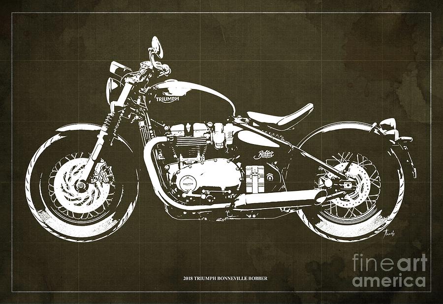 Blueprint Digital Art - 2018 Triumph Bonneville Bobber Blueprint, Brown Background by Drawspots Illustrations Blueprint Digital Art - 2018 Triumph Bonneville Bobber Blueprint, Brown Background by Drawspots Illustrations