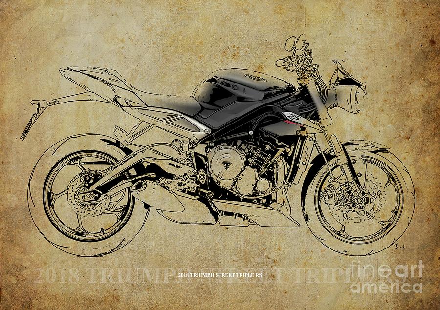 Vintage Digital Art - 2018 Triumph Street Triple RS Blueprint, Vintage Background by Drawspots Illustrations