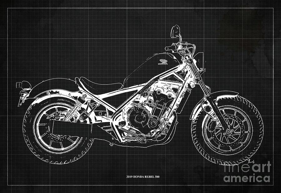 2019 Honda Rebel 500 Blueprint, Vintage Dark Grey Background, Drawing ...