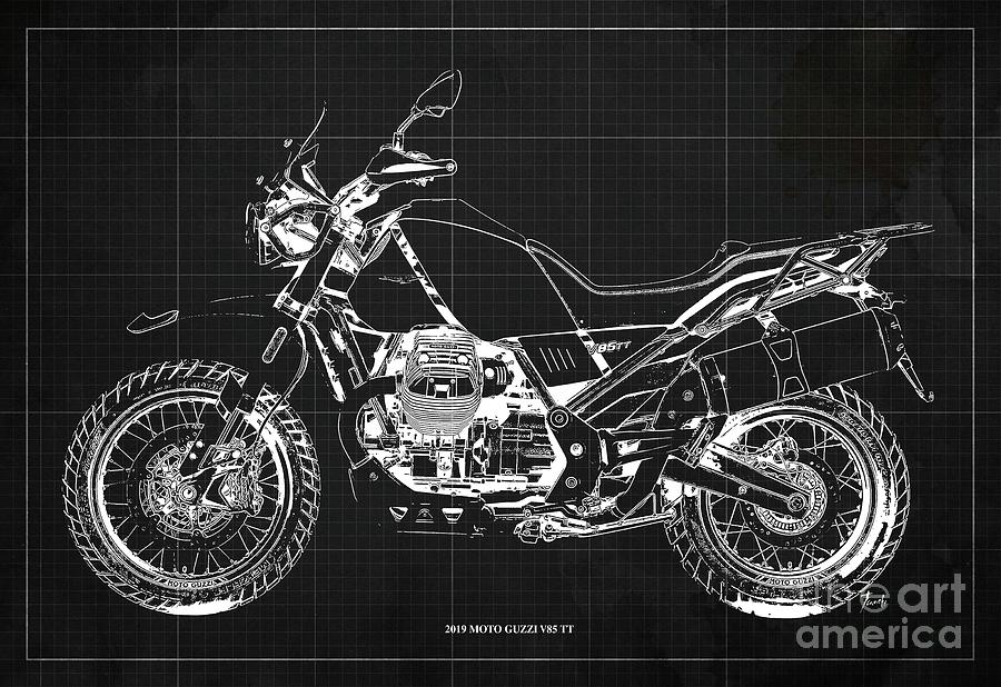 2019 Moto Guzzi V85 Tt Blueprint, Mid Century Dark Grey Background Digital Art