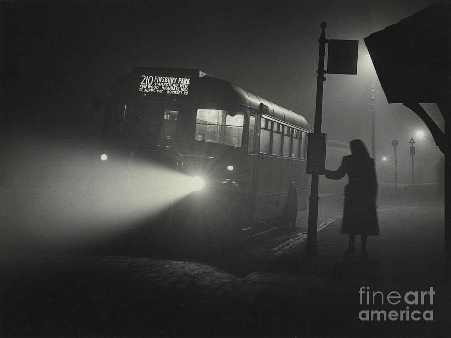 Black And White Photograph - 210 Bus At Night In North London, 1950s by English School