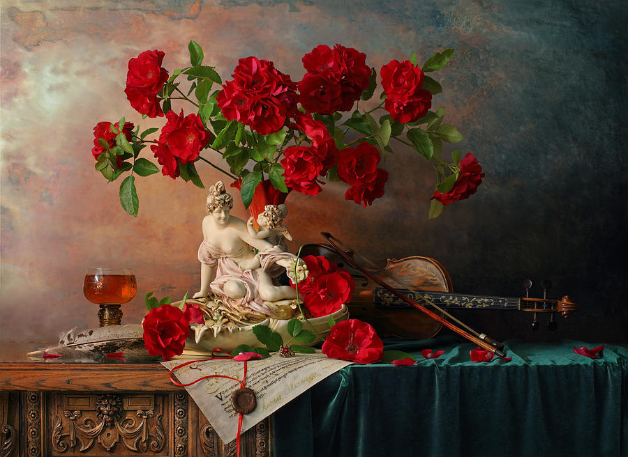 Still Life With Violin And Roses #23 Photograph by Andrey Morozov