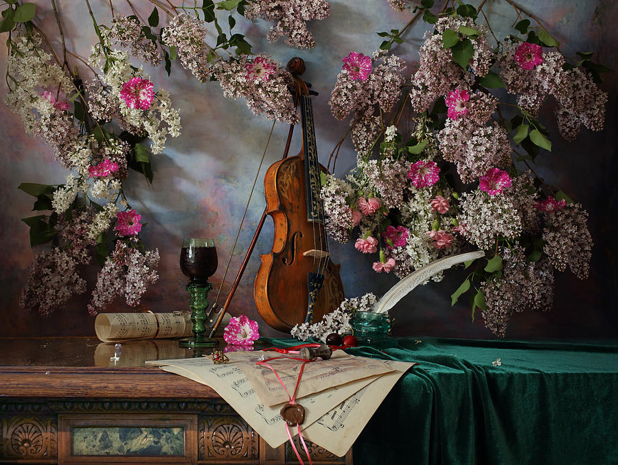 Still Life With Violin And Flowers #28 Photograph by Andrey Morozov
