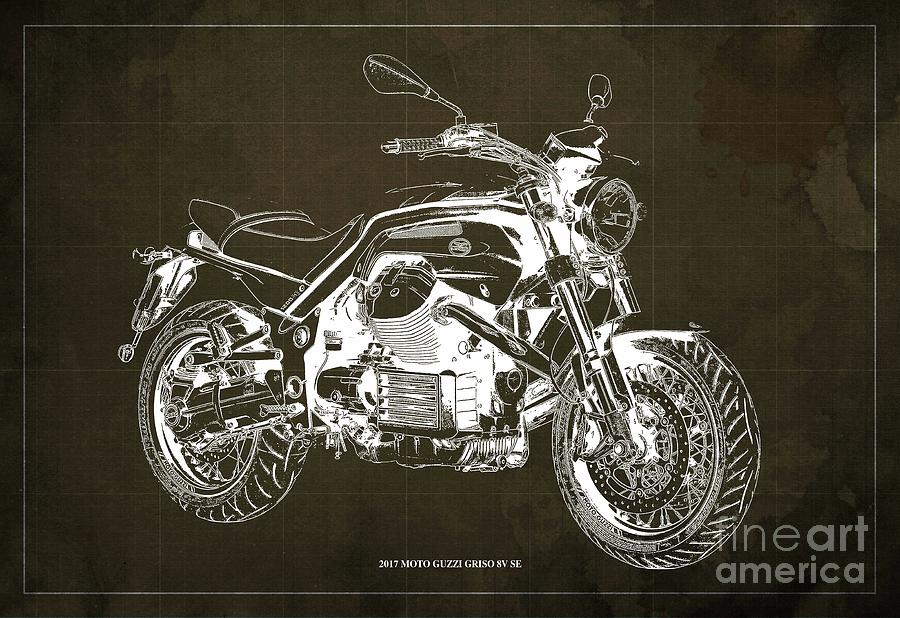 Vintage Drawing - 2017 Moto Guzzi Griso 8V SE Blueprint Original Artwork, Gift for Bikers by Drawspots Illustrations