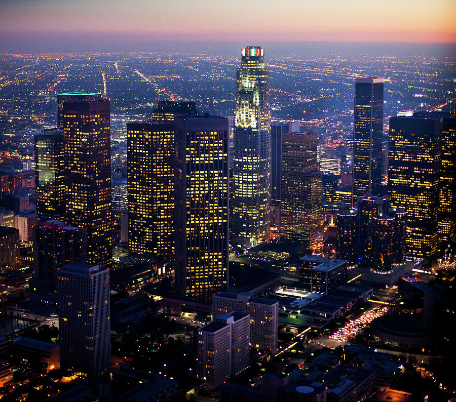 Aerial Downtown Los Angeles At Night #3 Photograph by Adamkaz