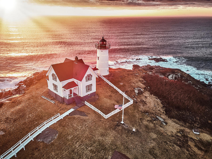 Aerial Drone Image Of The Nubble Lighthouse On Its Rocky Island Photograph