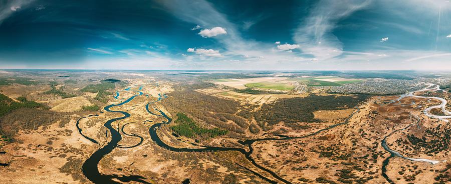 Nature Photograph - Aerial View Curved River In Early #3 by Ryhor Bruyeu
