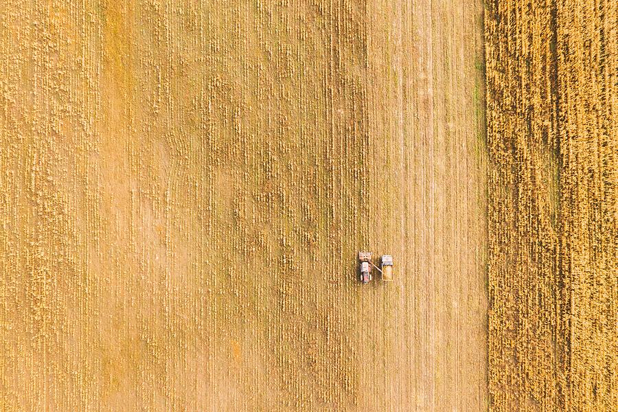 Cereal Photograph - Aerial View Of Rural Landscape. Combine #3 by Ryhor Bruyeu