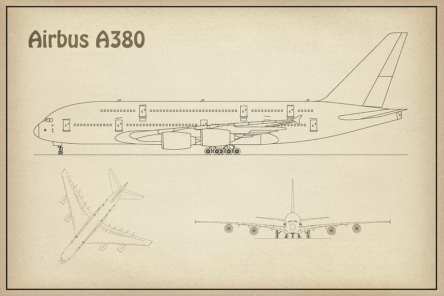 Transportation Drawing - Airbus a380 - Airplane Blueprint. Drawing Plans or Schematics with design outline for the Airbus a38 #3 by SP JE Art