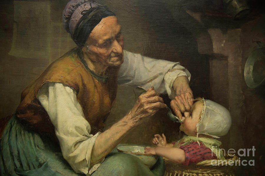An Old Woman Feeds Her Granddaughter Held In A Wicker Baby Walker, By Edouard Jerome Paupion, 1884 Painting by Edouard Jerome Paupion