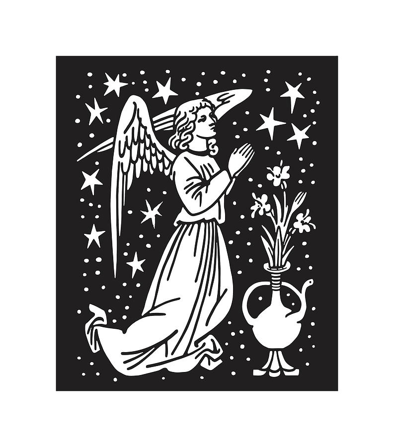 Black And White Drawing - Angel Praying #3 by CSA Images