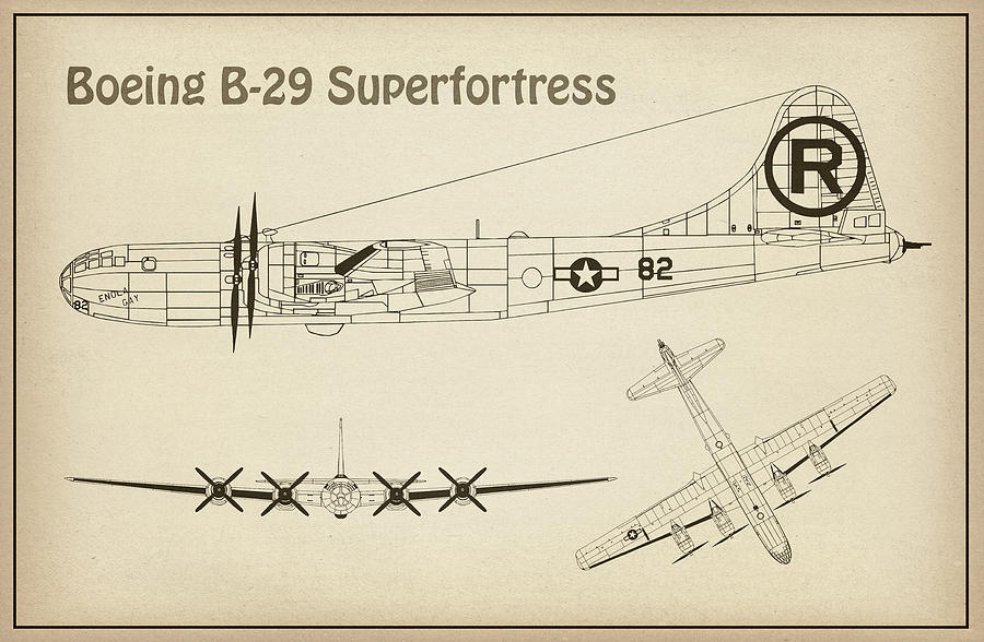 Transportation Drawing - B-29 Superfortress Enola Gay - Airplane Blueprint. Drawing Plans for the Boeing B-29 Superfortress #3 by SP JE Art
