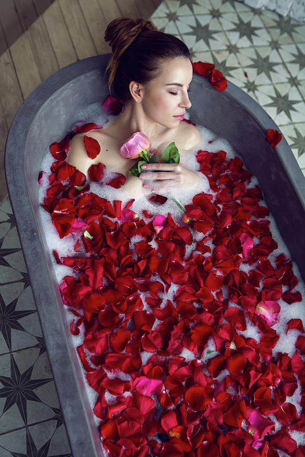 Beautiful Girl Lying In A Stone Bath With Rose Petals And Foam #3 by Elena  Saulich