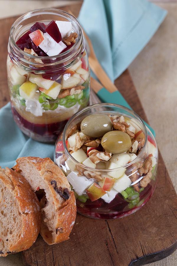 Beetroot With Goats Cheese, Apple, Walnuts, Olives And Onions In A Glass Jar #3 Photograph by Elisabeth Von Plnitz-eisfeld