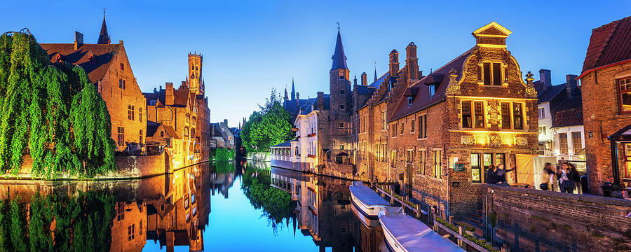 Belgium, Flanders, Bruges, Benelux, Quay Of The Rosary (rozenhoedkaai), Typical Houses On The Canal And Belfry Tower #3 Digital Art by Luigi Vaccarella