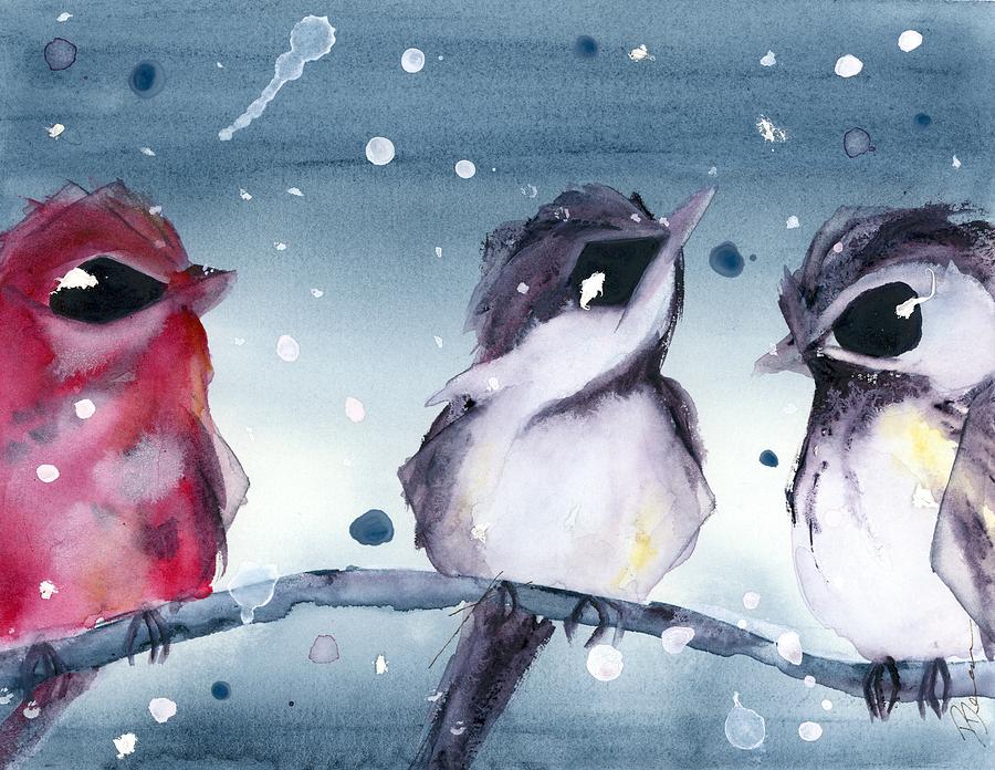 3 Birds in the Snow Painting by Dawn Derman