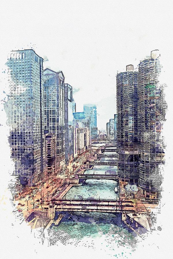Chicago Downtown Watercolor By Ahmet Asar Painting