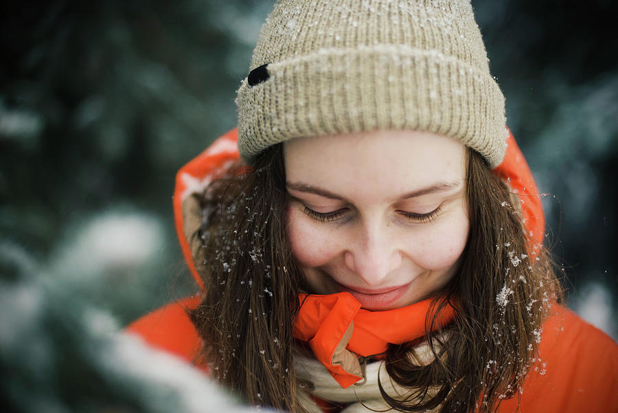 Close-up Portrait Of Woman In Orange Jacket During Winter In The ...