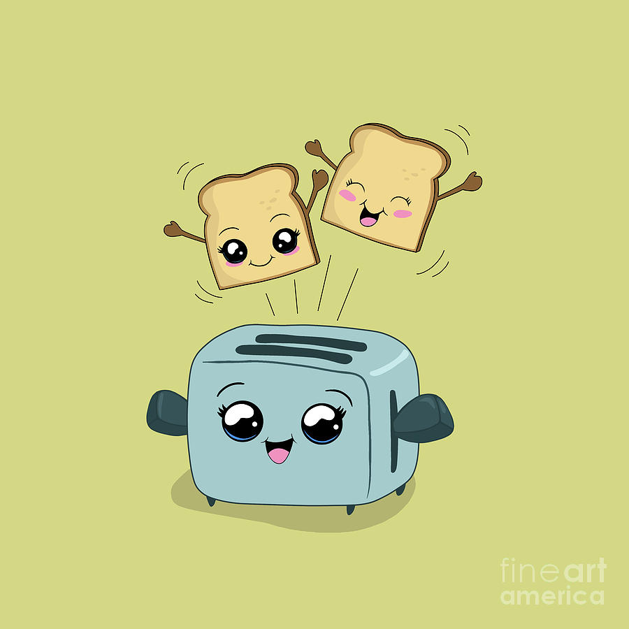 Cute Kawaii Toast and Toaster Digital Art by Valentina Hramov.
