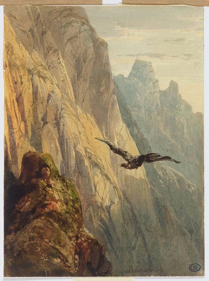 Eagle circling before a cliff face #3 Painting by MotionAge Designs