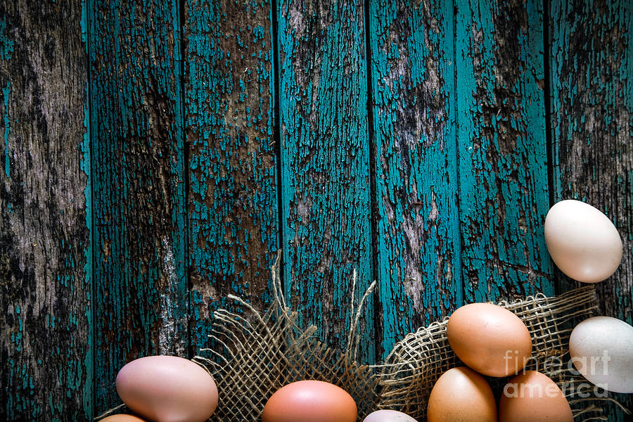 Bread Photograph - Eggs  on wood #3 by Mythja Photography