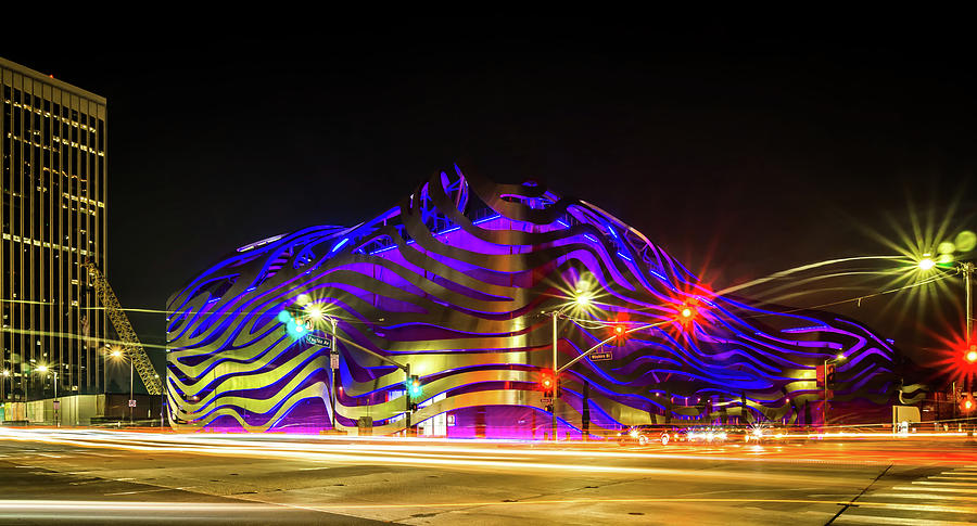 Exterior of Petersen Automotive Museum at night in november with #3 Photograph by Alex Grichenko