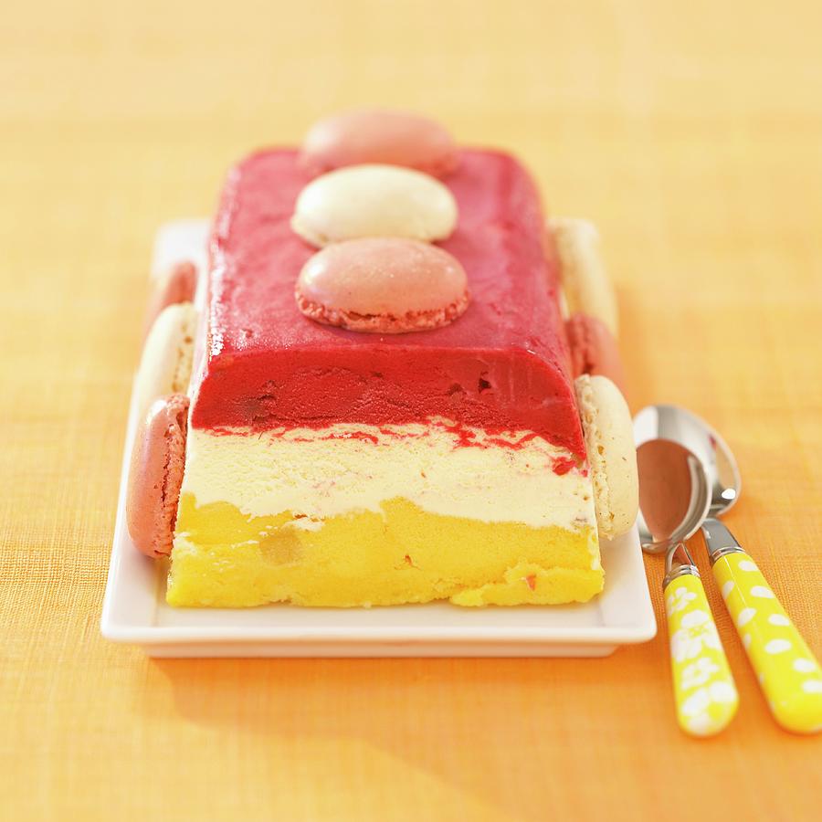 3 Flavored Ice Cream Terrine Decorated With Macaroons Photograph by Nicoloso