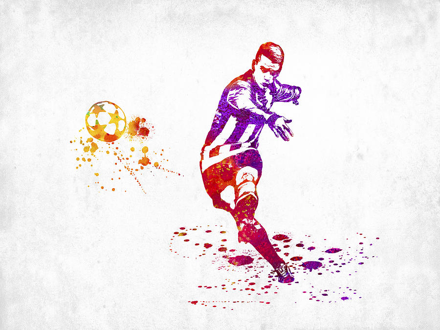 Football Digital Art - Football or Soccer player kicking ball. Colorful Watercolor effe #3 by SP JE Art