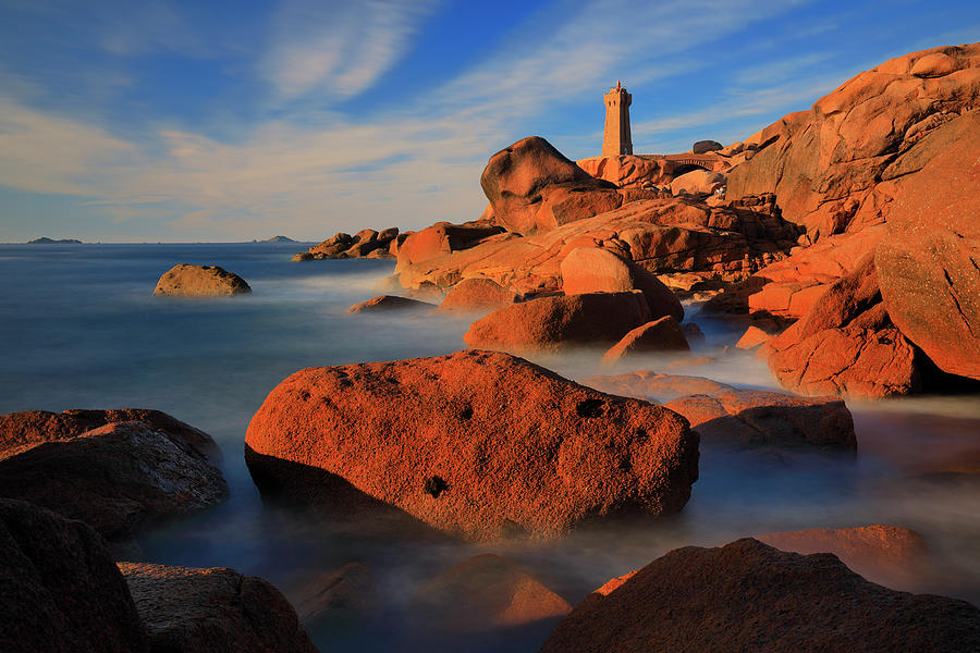 France, Brittany, Atlantic Ocean, English Channel, Cotes-darmor, Cote De Granit Rose, Ploumanach, Pink Granite Coast, Mean Ruz Lighthouse And Rock Formations In The Late Afternoon Light #3 Digital Art by Riccardo Spila