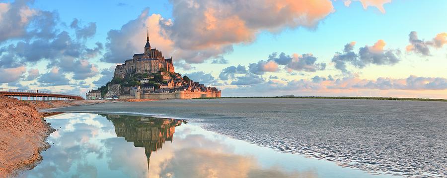 France, Normandy, Atlantic Ocean, English Channel, Basse-normandie, Mont Saint-michel Sunrise, Low Tide With Mont Saint-michel Reflecting In Tideway #3 Digital Art by Luigi Vaccarella
