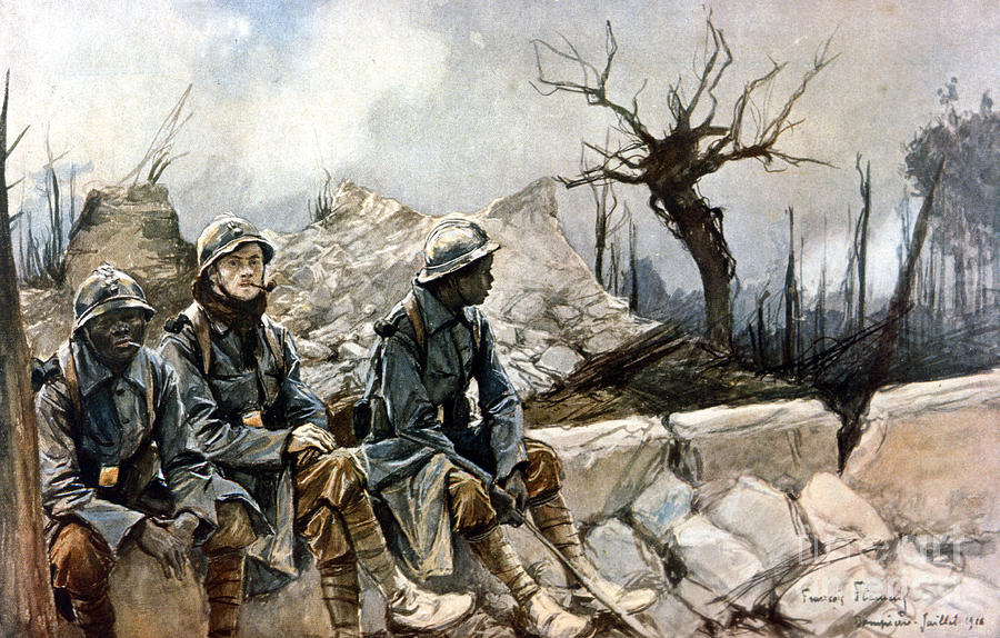 3 French Soldiers Sitting In Front Of The Ruins Of The Dampierre Church 