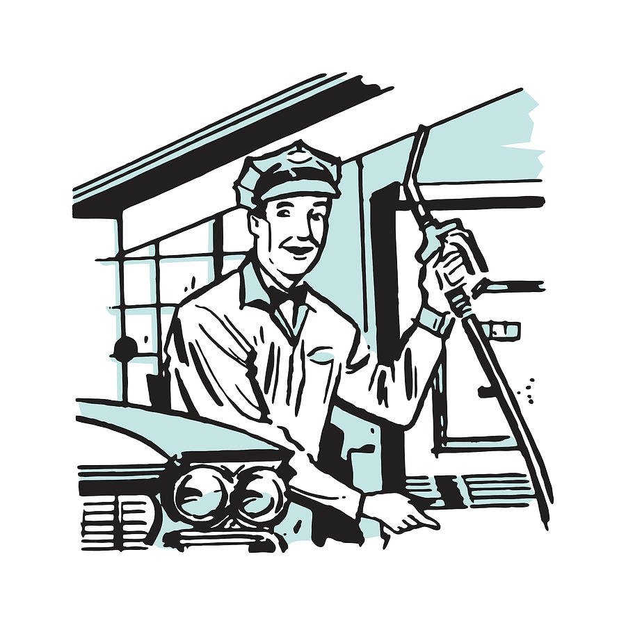 Transportation Drawing - Gas Station Attendant at Pump #3 by CSA Images