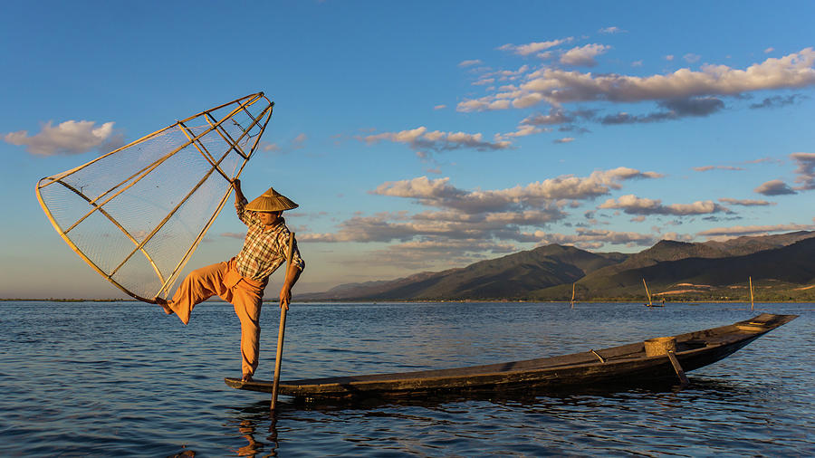 Intha fisherman on Lake Inle in Myanmar #4 Photograph by Ann Moore