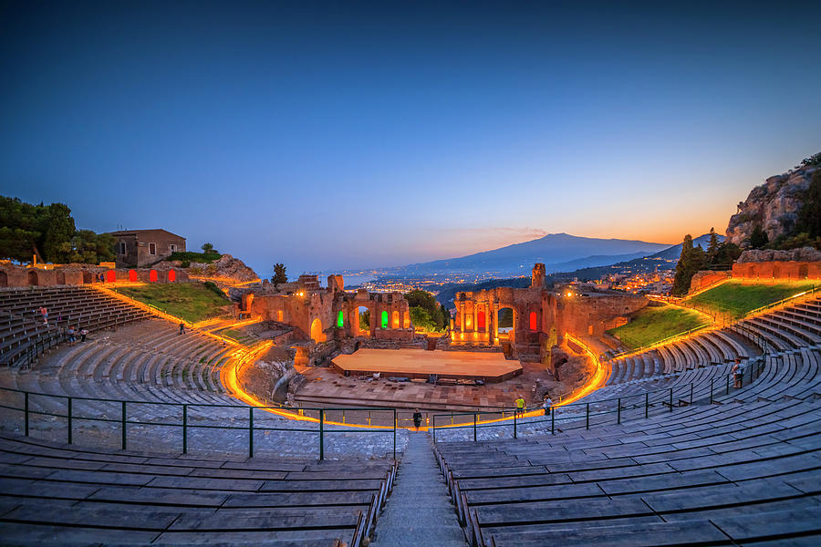 Italy, Sicily, Messina District, Ionian Coast, Ionian Sea, Taormina, Greek Theatre, Mount Etna In The Background #3 Digital Art by Alessandro Saffo