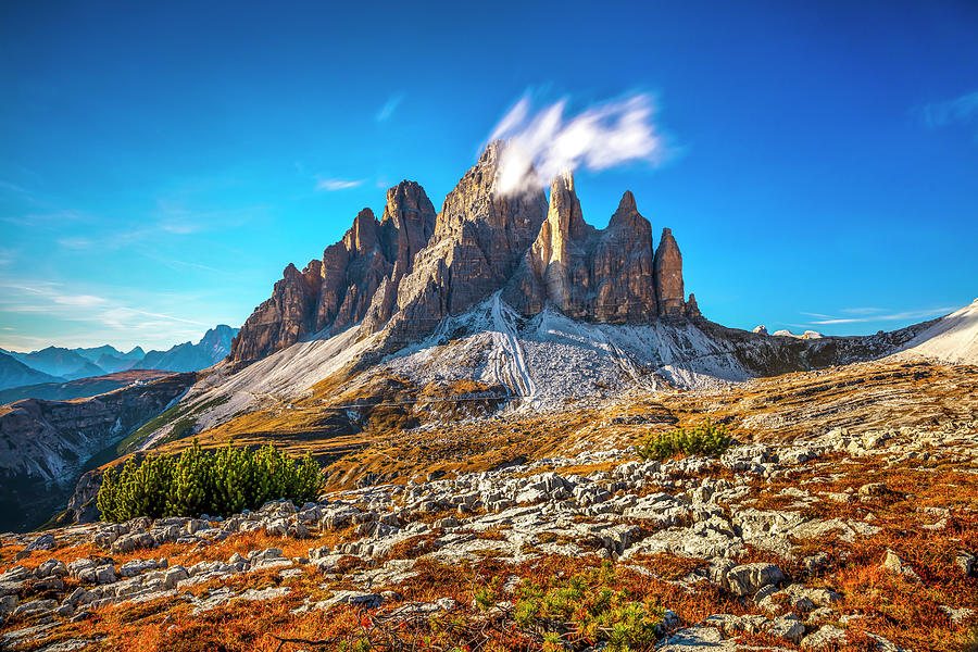 Italy, Veneto, Belluno District, Alps, Dolomites, Sesto Dolomites, Cadore, Auronzo Di Cadore, Three Peaks Of Lavaredo #3 Digital Art by Olimpio Fantuz