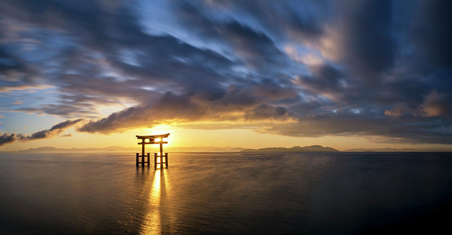 Japan, Kinki, Kansai, Torii Gate In Lake Biwa At Sunrise, Takashima ...