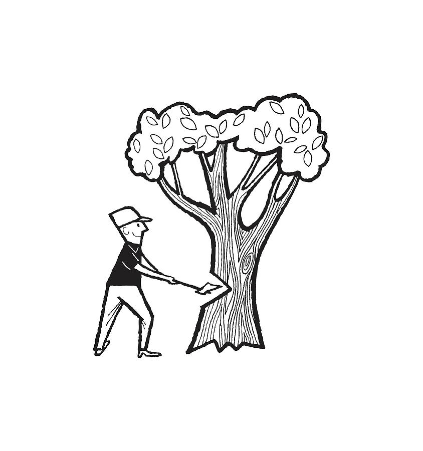 Canadian lumberjack cutting tree with axe. ink black and white drawing  Stock Photo - Alamy