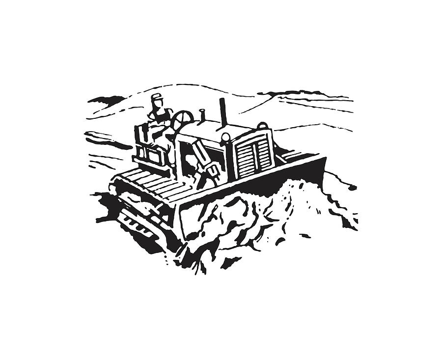 Black And White Drawing - Man Driving Bulldozer #3 by CSA Images
