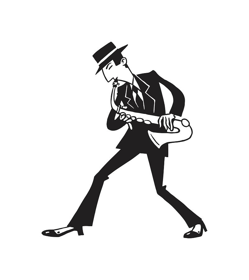 Black And White Drawing - Man Playing Saxophone #3 by CSA Images
