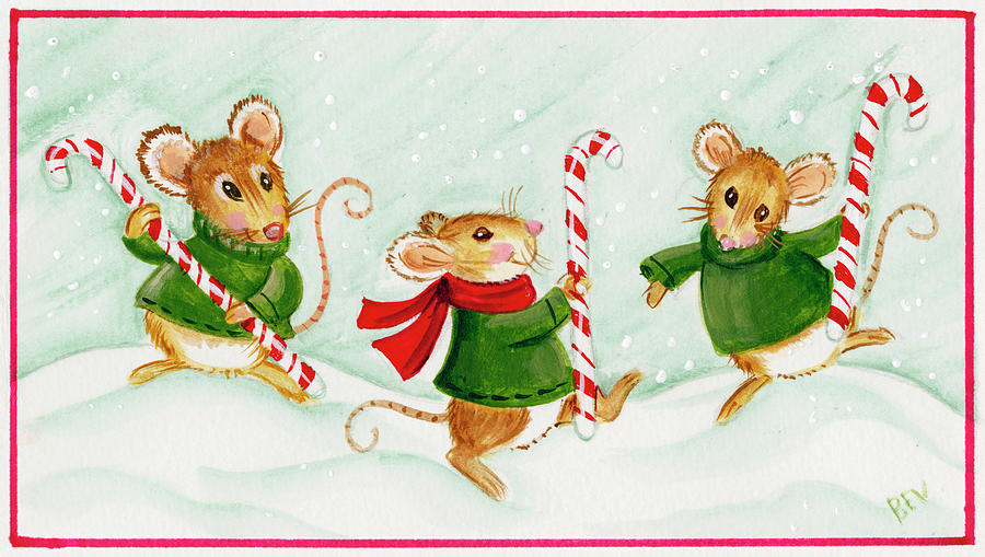 3 Mice With Candy Canes Painting by Beverly Johnston